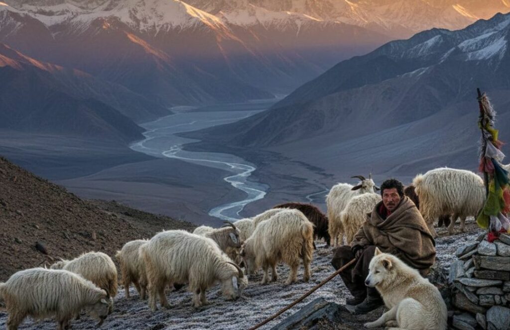 A Landscape image of a Pashmina goat herder and his goats on the Ladakhi plateau in India