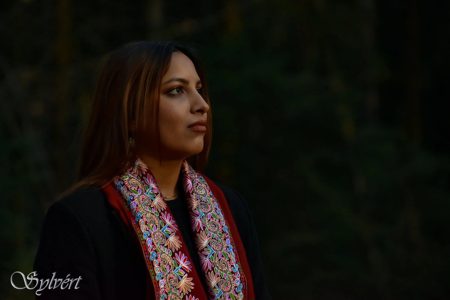 Portrait of woman with long brown hair wearing a colorful embroidered scarf against dark blurred background
