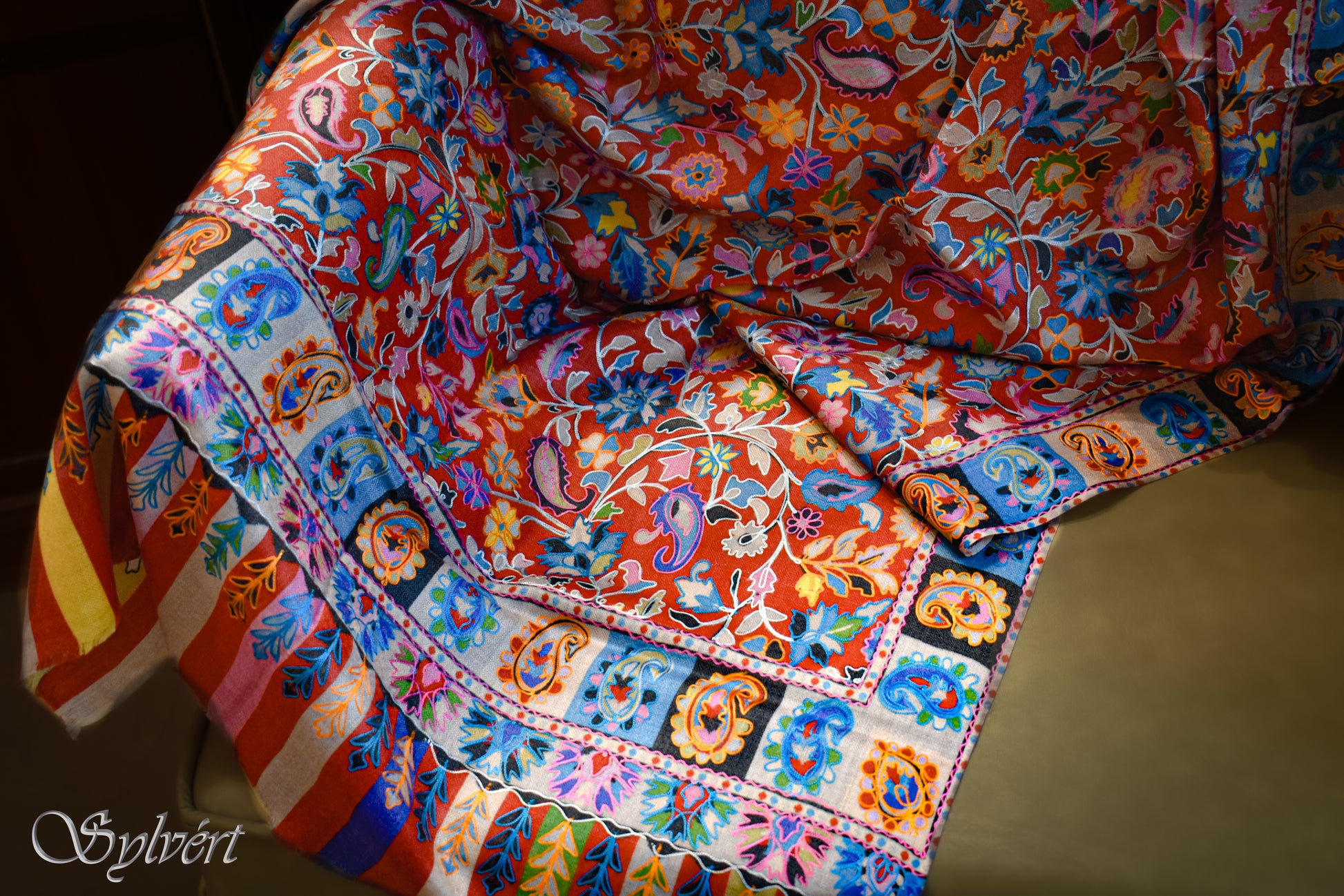 Sylvért, Cashmere, Rivanor, Rivaya, Kalamkari, 100% Natural, Organic Dye, Luxury, Heritage, Sustainable, slow fashion, quiet luxury. Sylvert. Embroidered, 